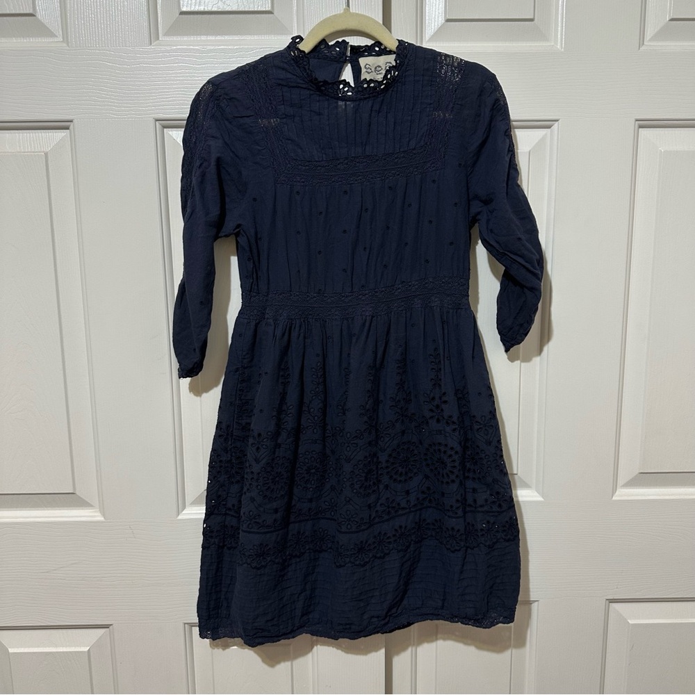 Sea New York Eyelet Lace Combo Dress Sz 2 Navy Blue Cotton High Cottagecore